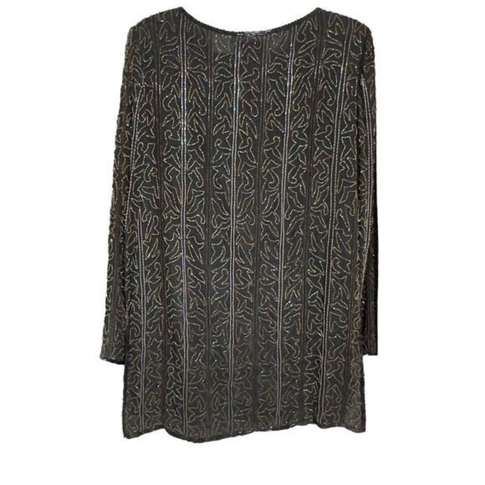 Papell Boutique Black Women's Sz-M Gold Brown Glass Beaded Tunic Long Sleeve Top